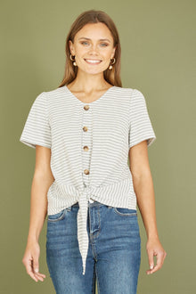 Grey Striped Jersey Button Detail Top