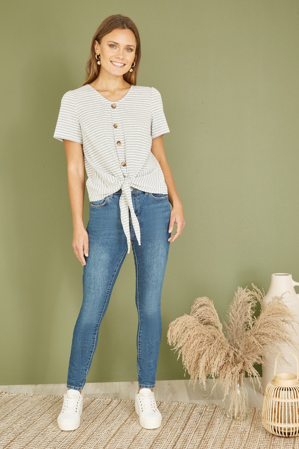 Grey Striped Jersey Button Detail Top