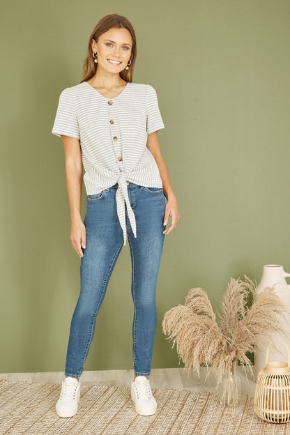 Grey Striped Jersey Button Detail Top