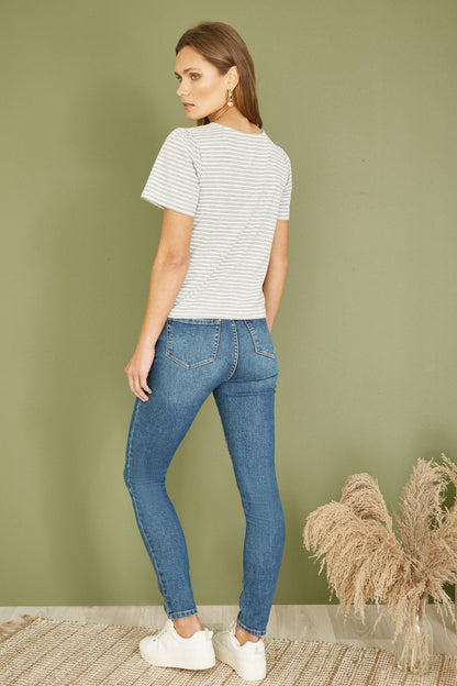 Grey Striped Jersey Button Detail Top