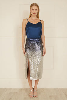 Navy And Silver Sequin Split Fitted Midi Skirt