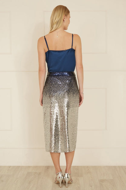 Navy And Silver Sequin Split Fitted Midi Skirt