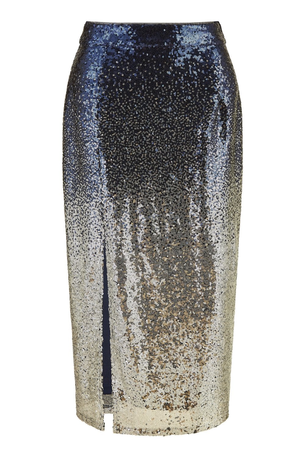 Navy And Silver Sequin Split Fitted Midi Skirt