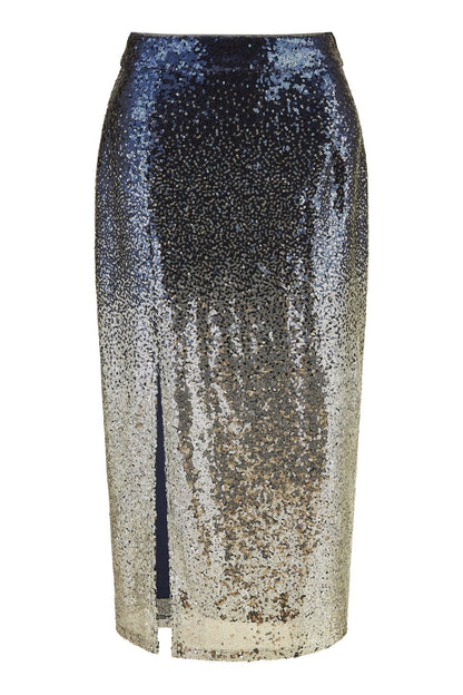 Navy And Silver Sequin Split Fitted Midi Skirt