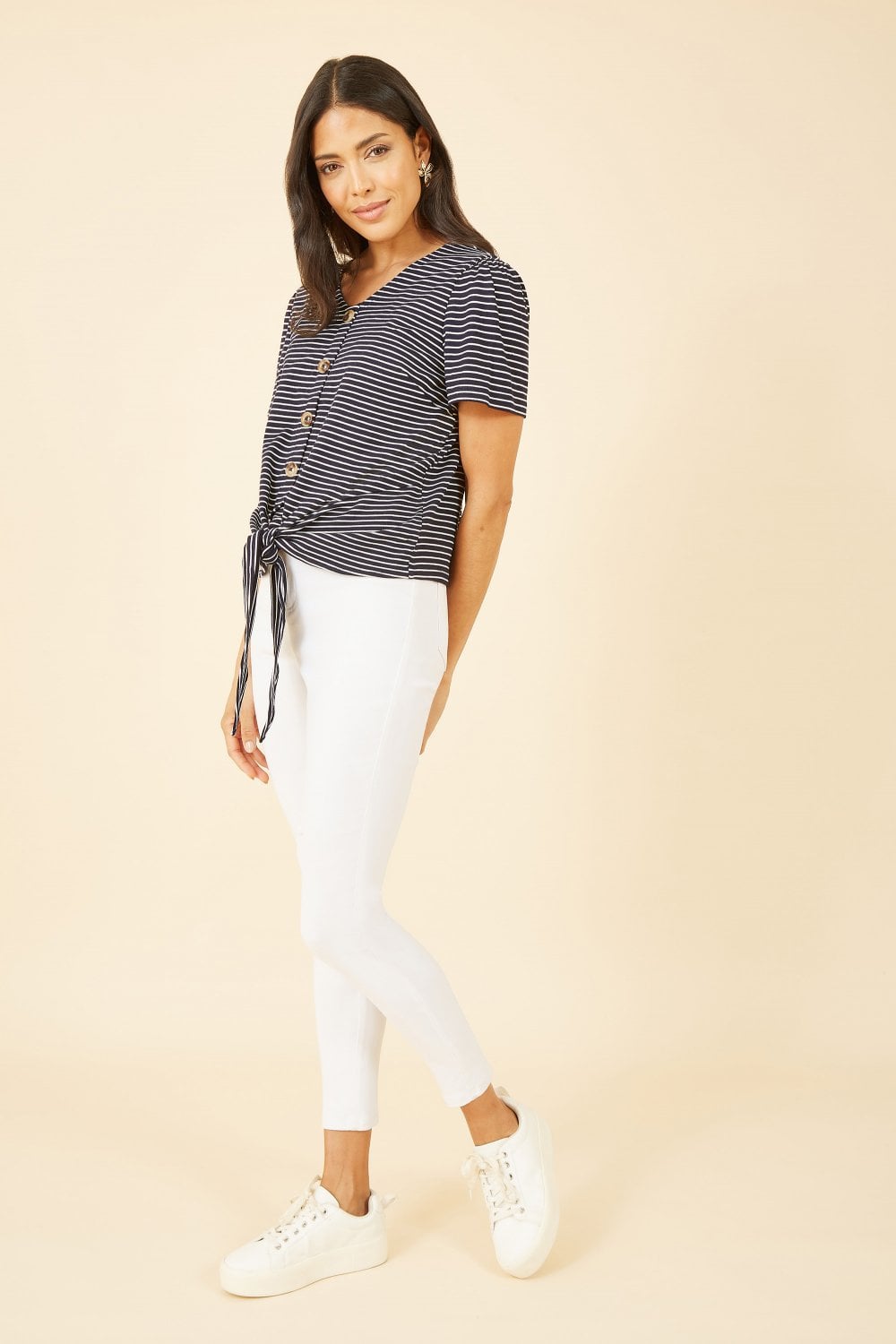 Navy Striped Jersey Button Detail Top