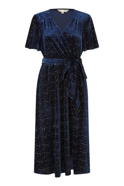 Navy Velvet Sparkle Wrap Midi Dress