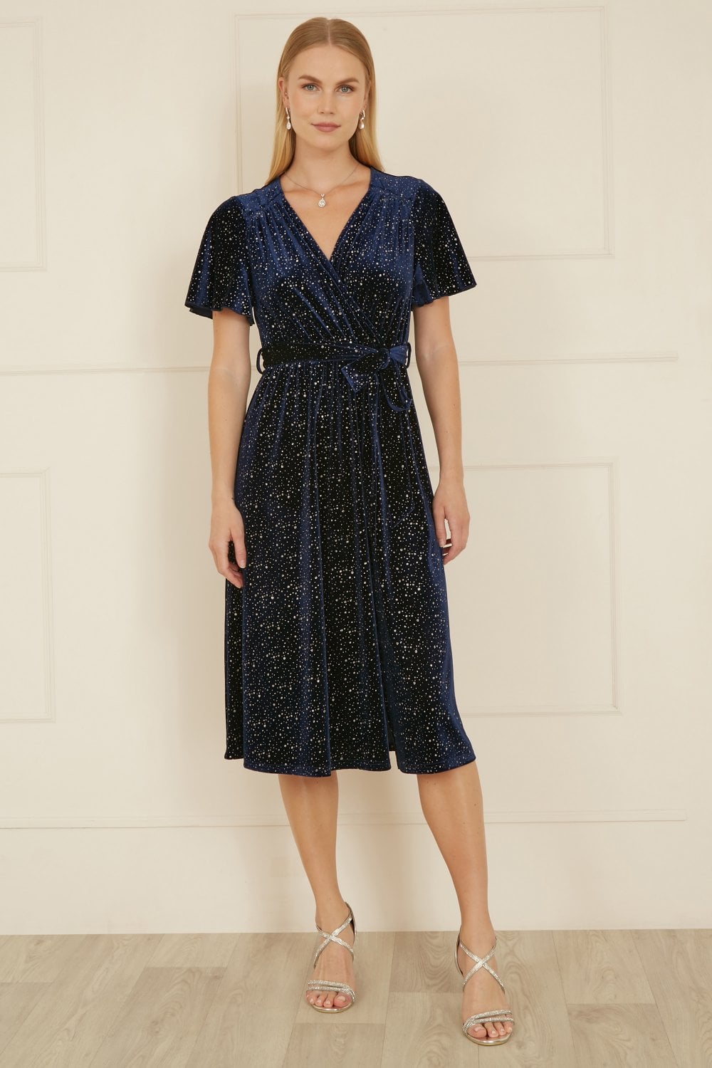 Navy Velvet Sparkle Wrap Midi Dress
