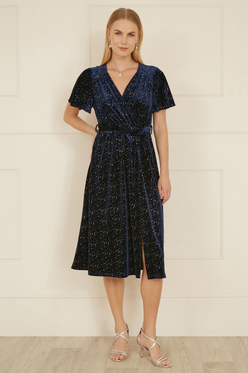 Navy Velvet Sparkle Wrap Midi Dress