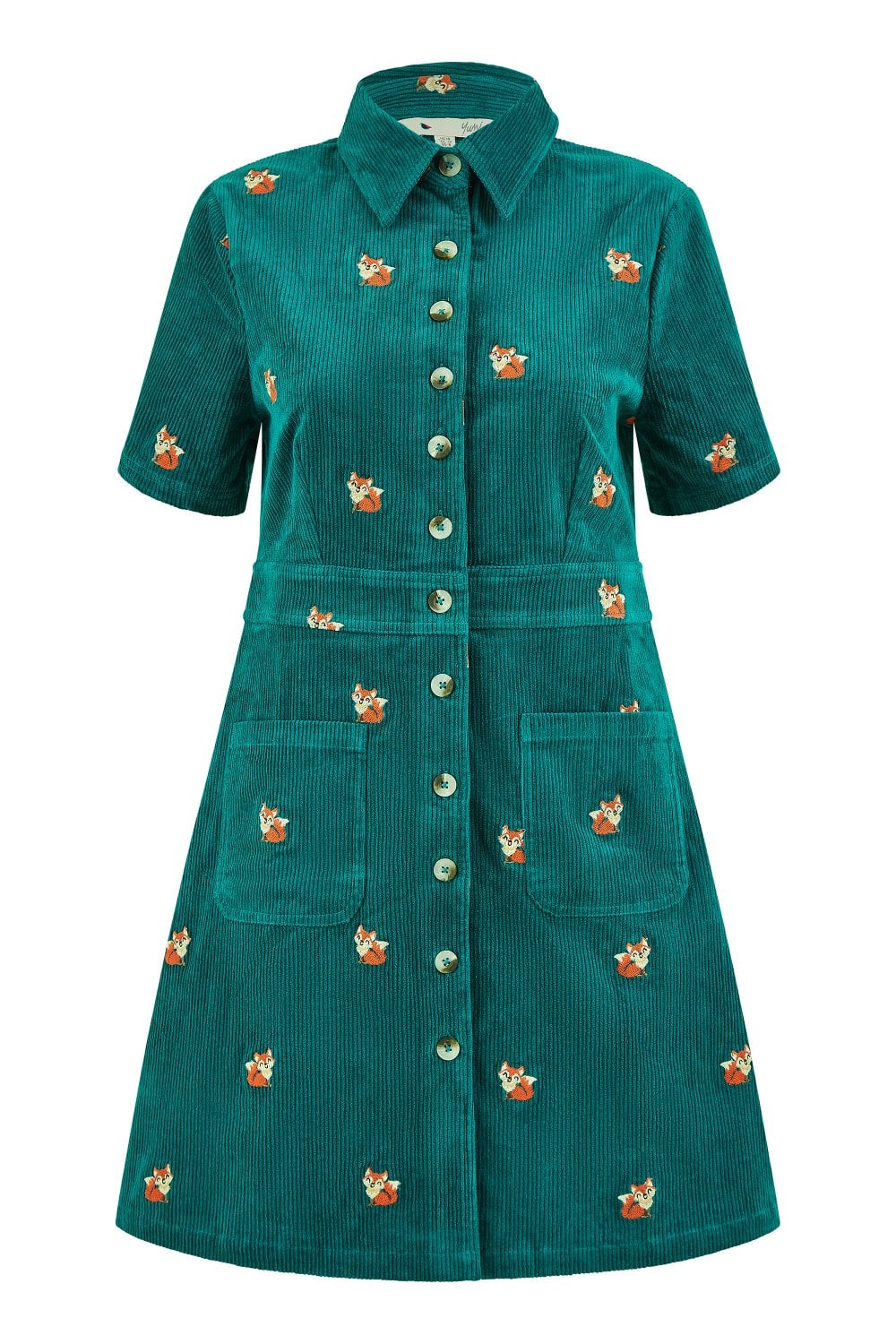Teal Cord Shirt Dress With All Over Fox Embroidery