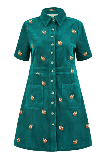 Teal Cord Shirt Dress With All Over Fox Embroidery