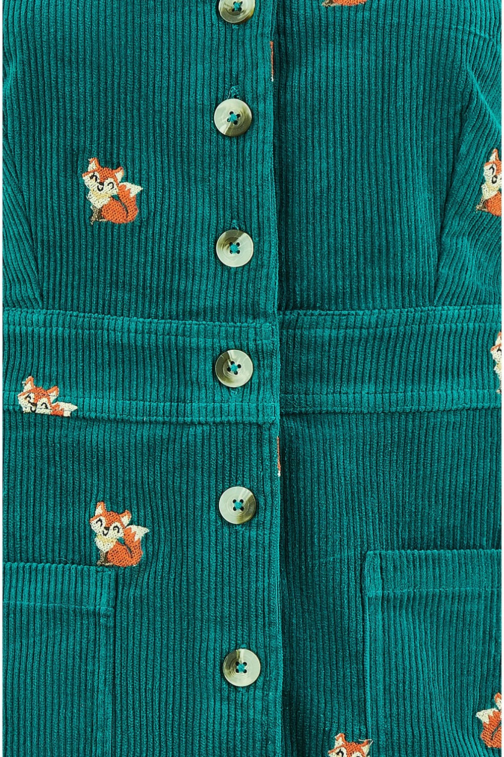 Teal Cord Shirt Dress With All Over Fox Embroidery