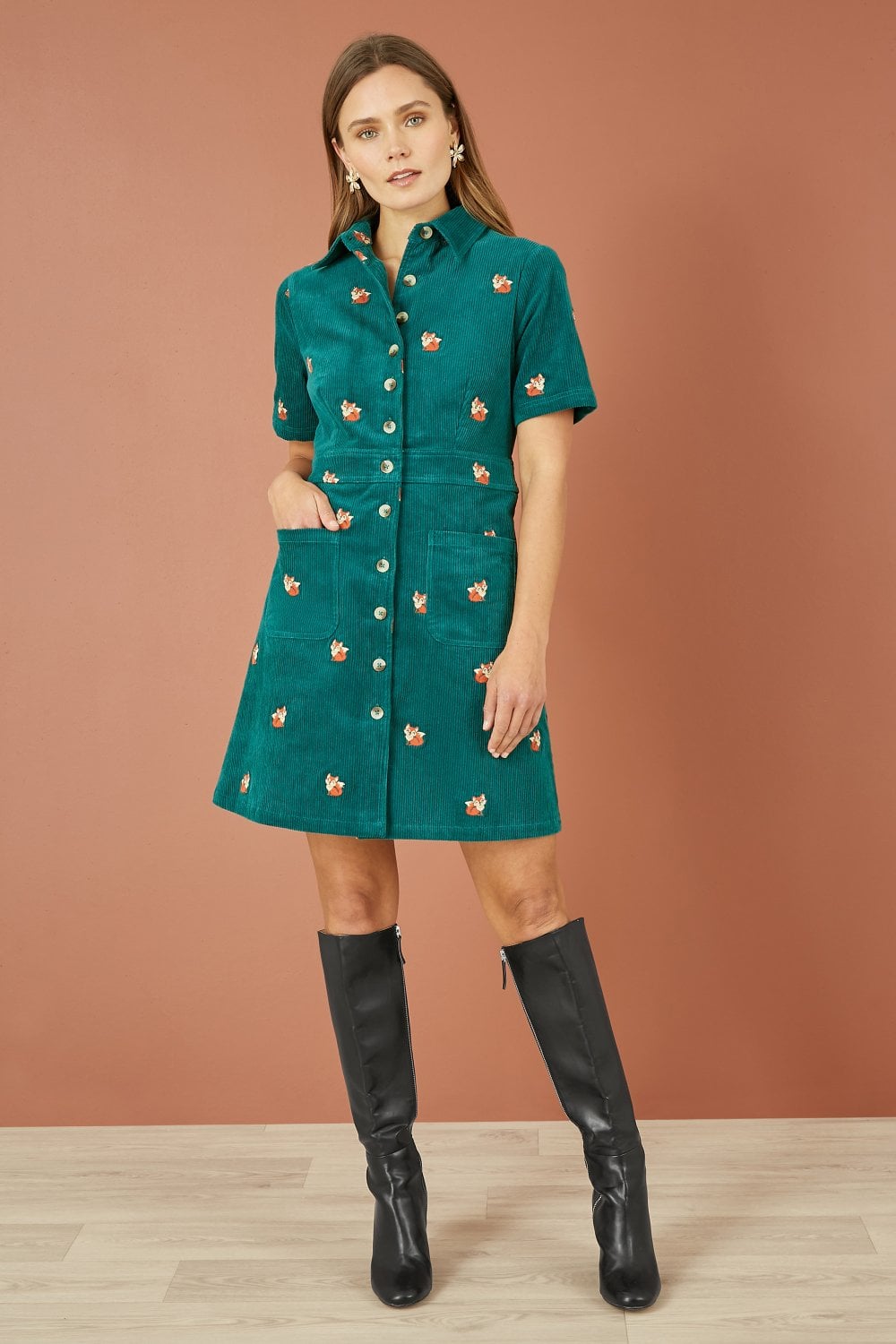 Teal Cord Shirt Dress With All Over Fox Embroidery