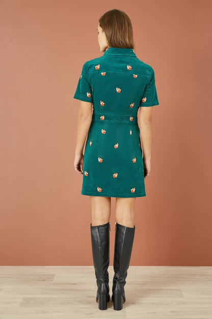 Teal Cord Shirt Dress With All Over Fox Embroidery