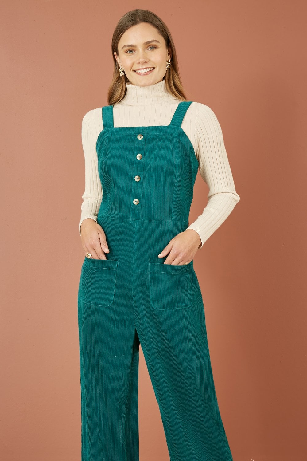 Teal Cord Stretch Dungaree Style Jumpsuit