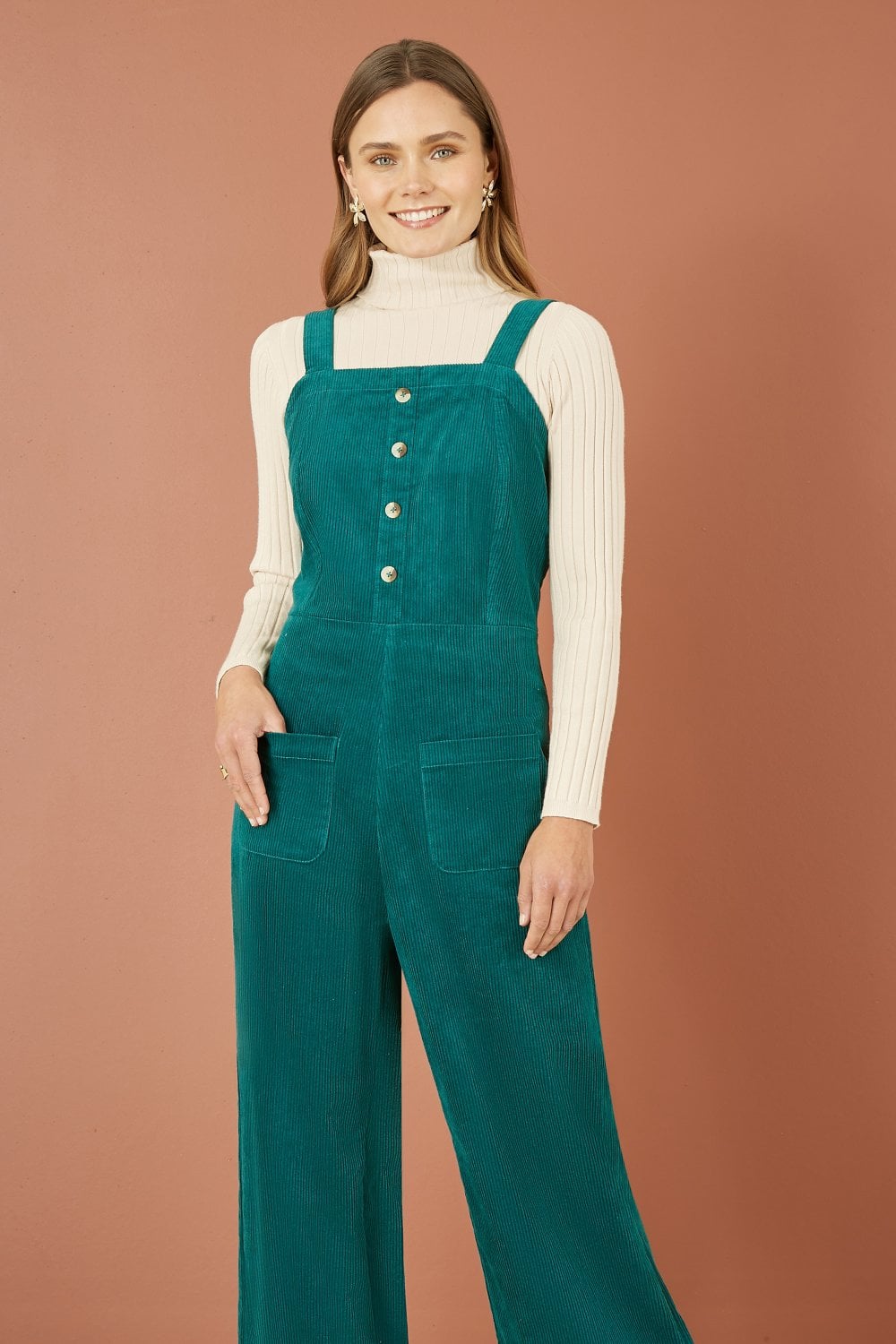 Teal Cord Stretch Dungaree Style Jumpsuit