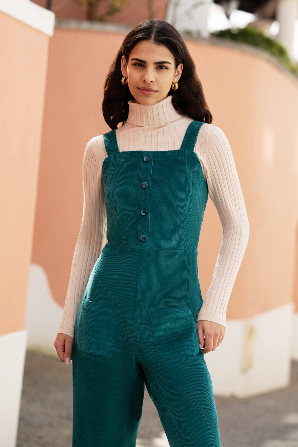 Teal Cord Stretch Dungaree Style Jumpsuit
