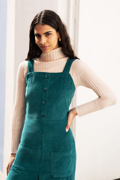Teal Cord Stretch Dungaree Style Jumpsuit