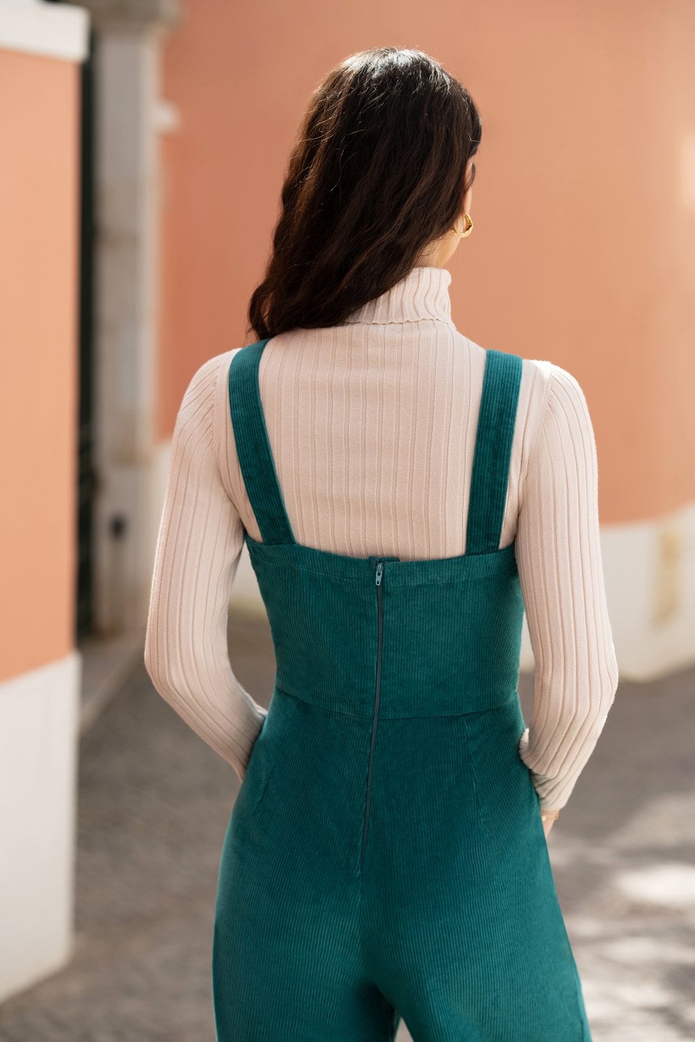 Teal Cord Stretch Dungaree Style Jumpsuit