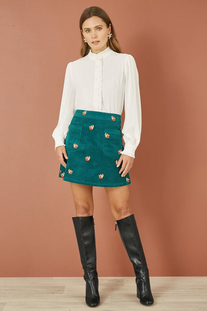 Teal Fox Embroidered Cord Mini Skirt