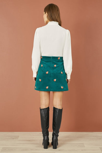 Teal Fox Embroidered Cord Mini Skirt