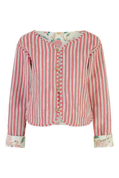 White Floral Print Reversible Cotton Cropped Quilted Jacket