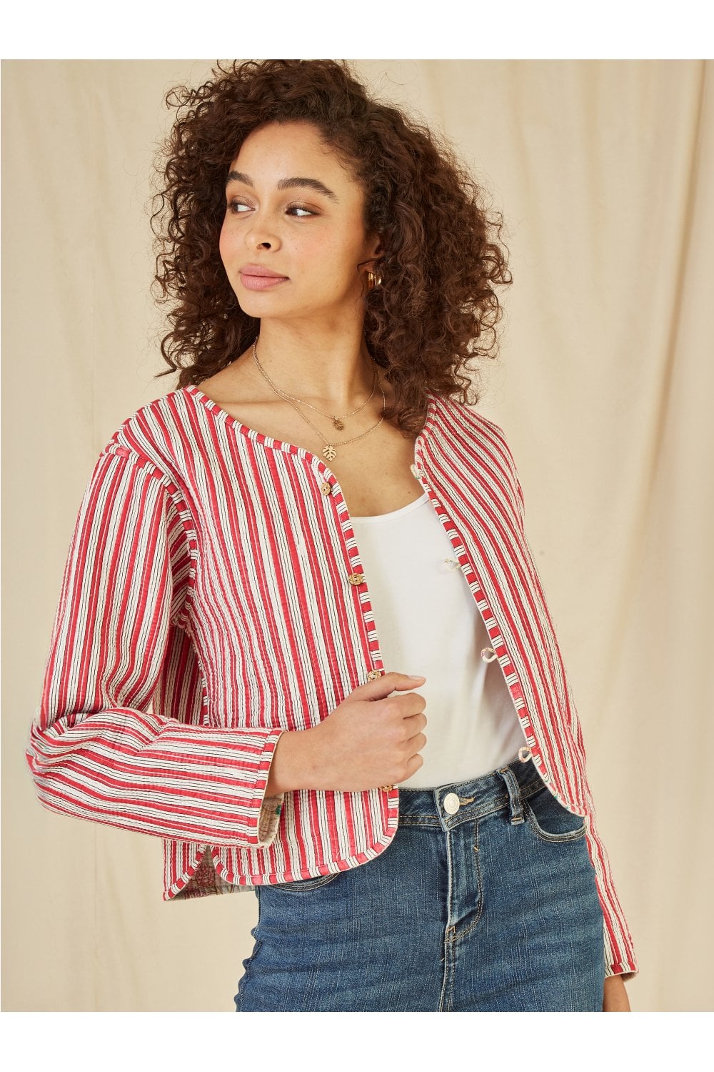 White Floral Print Reversible Cotton Cropped Quilted Jacket