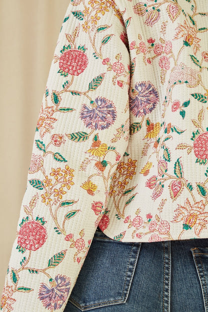 White Floral Print Reversible Cotton Cropped Quilted Jacket