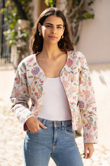 White Floral Print Reversible Cotton Cropped Quilted Jacket