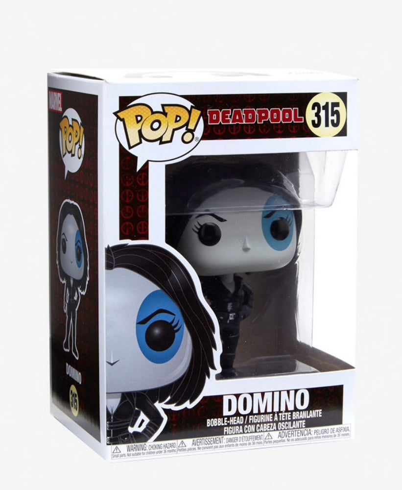 Funko Pop! vinyl figure packaging of Domino from Deadpool on a white background